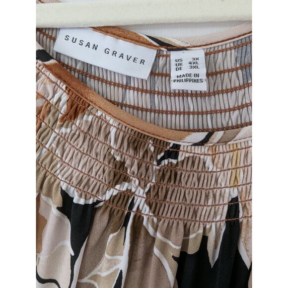 Susan Garver Womens Brown Tan Floral Blouse 3X Lightweight Flowy Half Sleeves - Picture 4 of 8